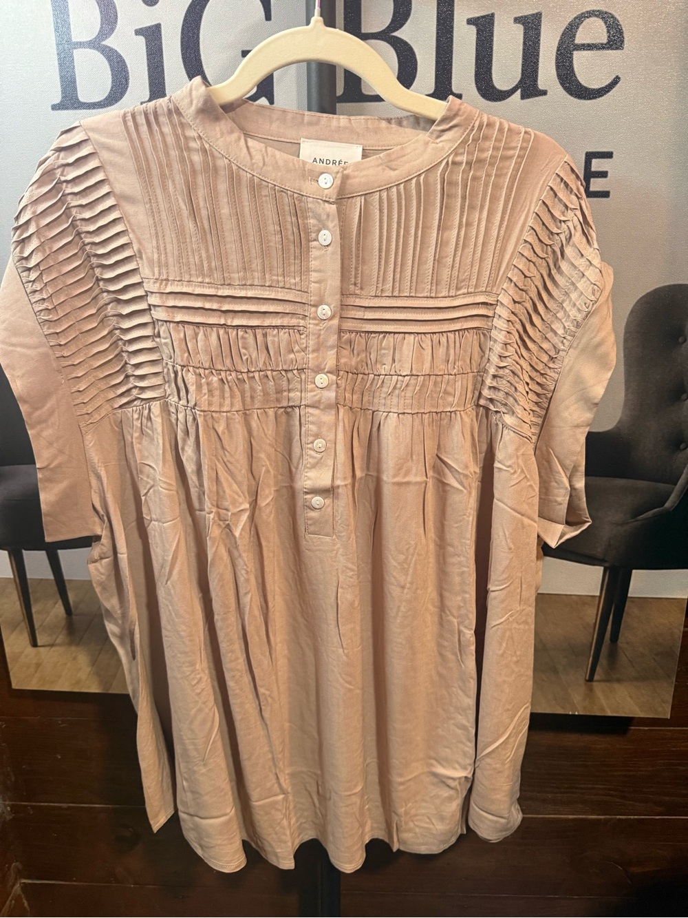 Taupe  Pleated Yoke Short Sleeve Top